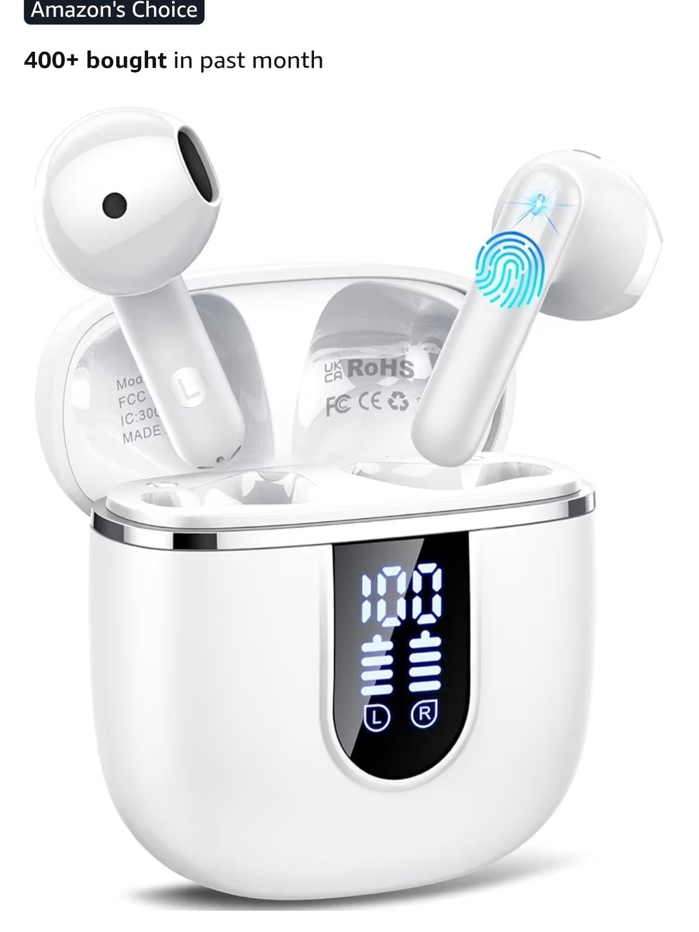 Touch-Control Wireless Earbud Headphones with LED Battery Display - White